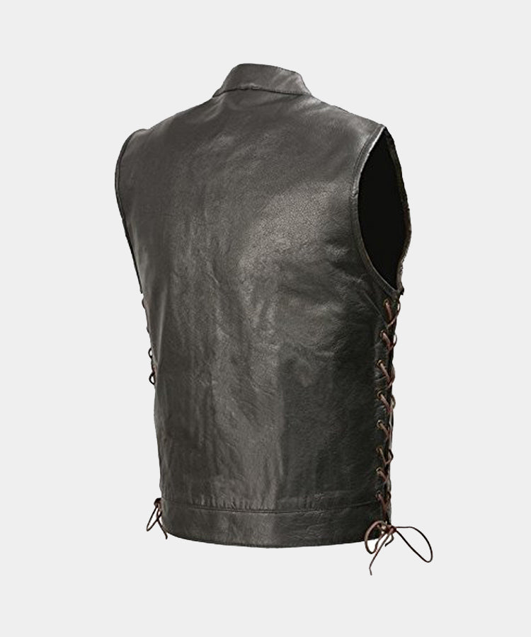 Men's Leather Club Style Vest Brown Side Laces Concealed Gun Pockets Leather Outlet