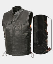 Load image into Gallery viewer, Men&#39;s Leather Club Style Vest Brown Side Laces Concealed Gun Pockets Leather Outlet
