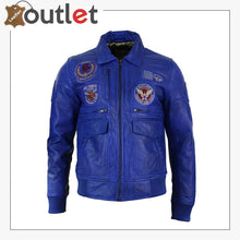 Load image into Gallery viewer, Mens Real Leather Blue Bomber Badge Air Force Pilot Flying Jacket
