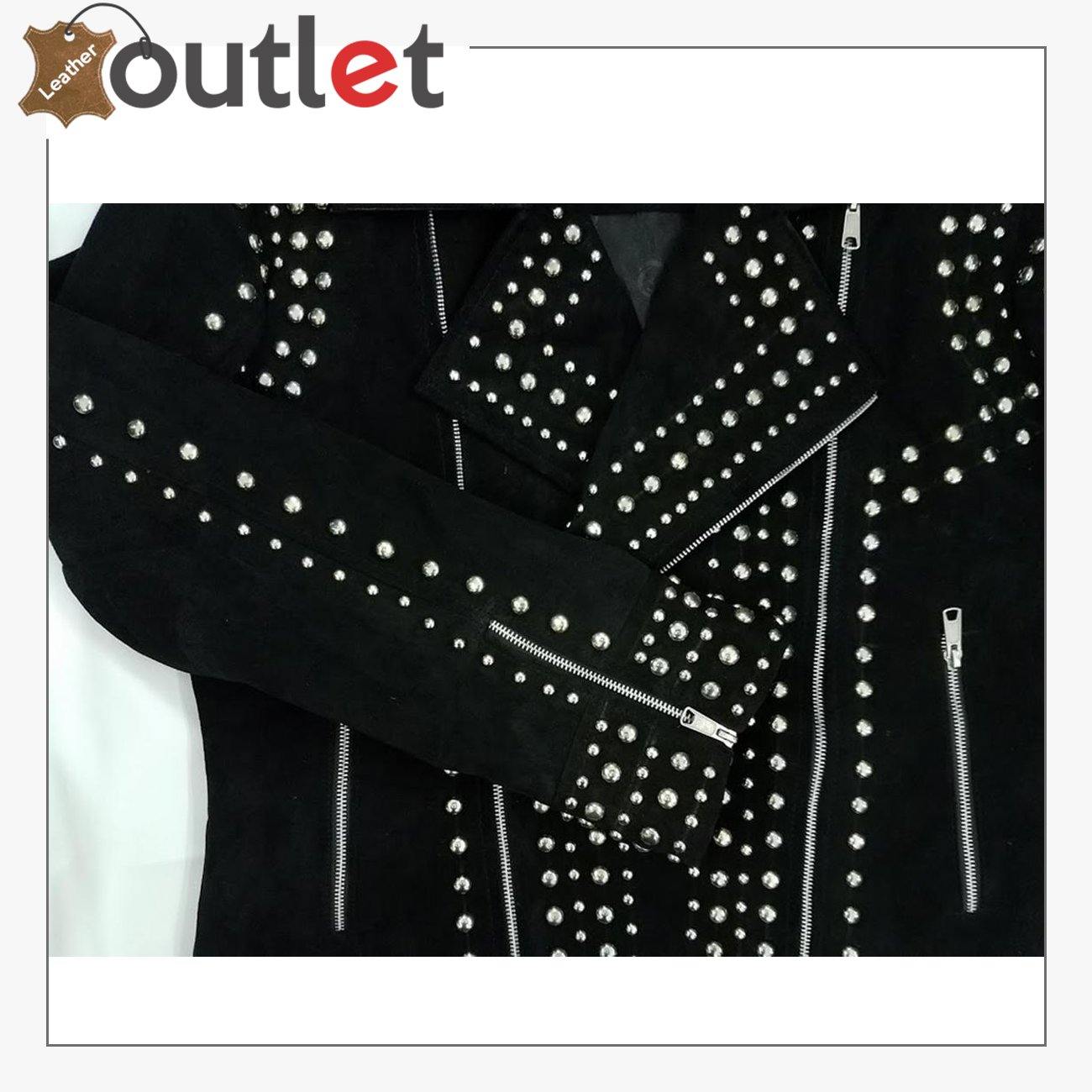 Mens Rivet Studded Biker Motorcycle Suede Leather Jacket - Leather Outlet