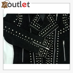 Mens Rivet Studded Biker Motorcycle Suede Leather Jacket - Leather Outlet