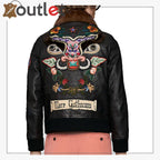 Mens Shearling Leather Bomber Jacket with Embroidery - Leather Outlet