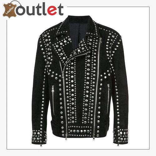 Mens Studded Punk Black Suede Leather Jacket	