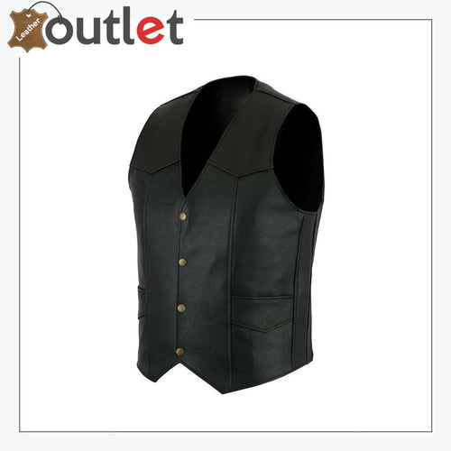 Mens Black Plain Real Leather Vests