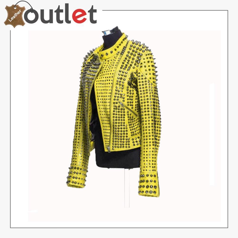 New Handmade Women's Yellow Fashion Studded Punk Style Leather Jacket