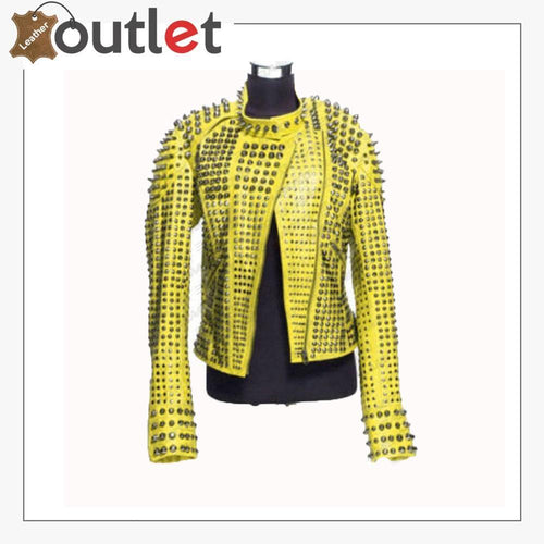 New Handmade Women's Yellow Fashion Studded Punk Style Leather Jacket