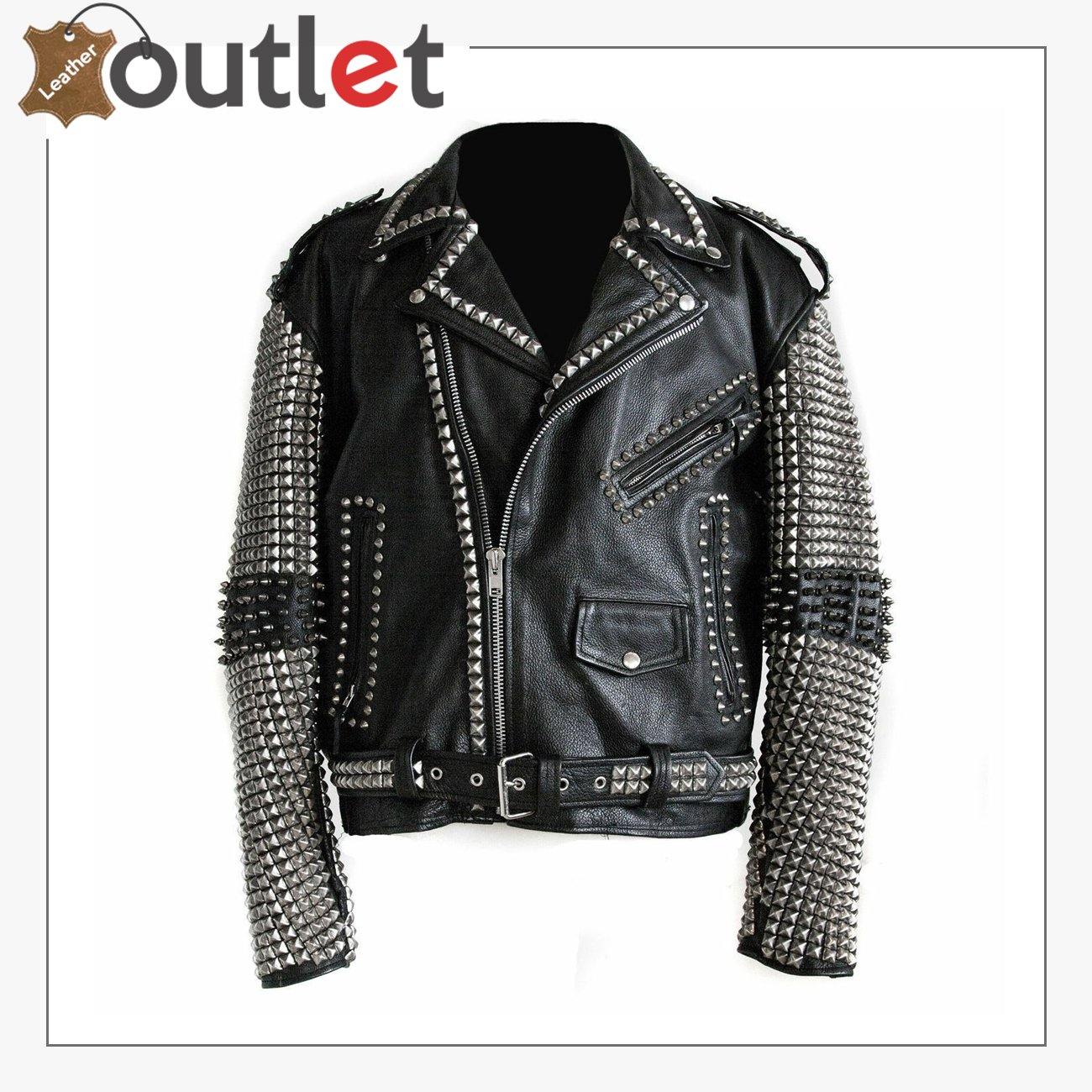 New Men Black Punk Silver Spiked Studded Leather Jacket - Leather Outlet