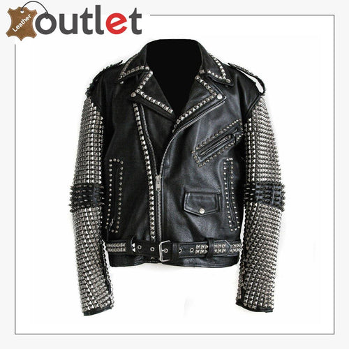 New Men Black Punk Silver Spiked Studded Leather Jacket - Leather Outlet