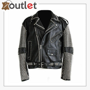 New Men Black Punk Silver Spiked Studded Leather Jacket - Leather Outlet