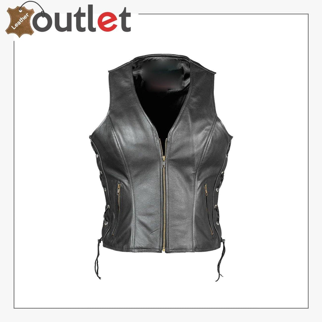 New Women's Ladies Classic Motorcycle Biker Real Cowhide Leather Waistcoat