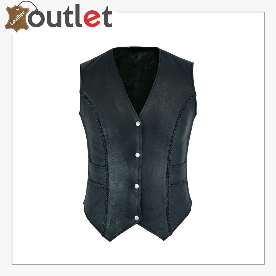 New Womens ladies Genuine Real Leather Braided Black Waistcoat Gillette Vest