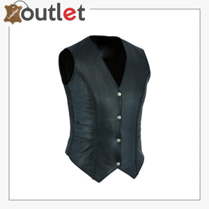 New Womens ladies Genuine Real Leather Braided Black Waistcoat Gillette Vest