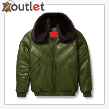 Load image into Gallery viewer, Olive Leather V Bomber Mens Jacket
