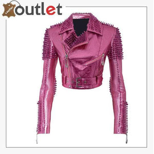 Pink Metallic Studded Biker Jacket