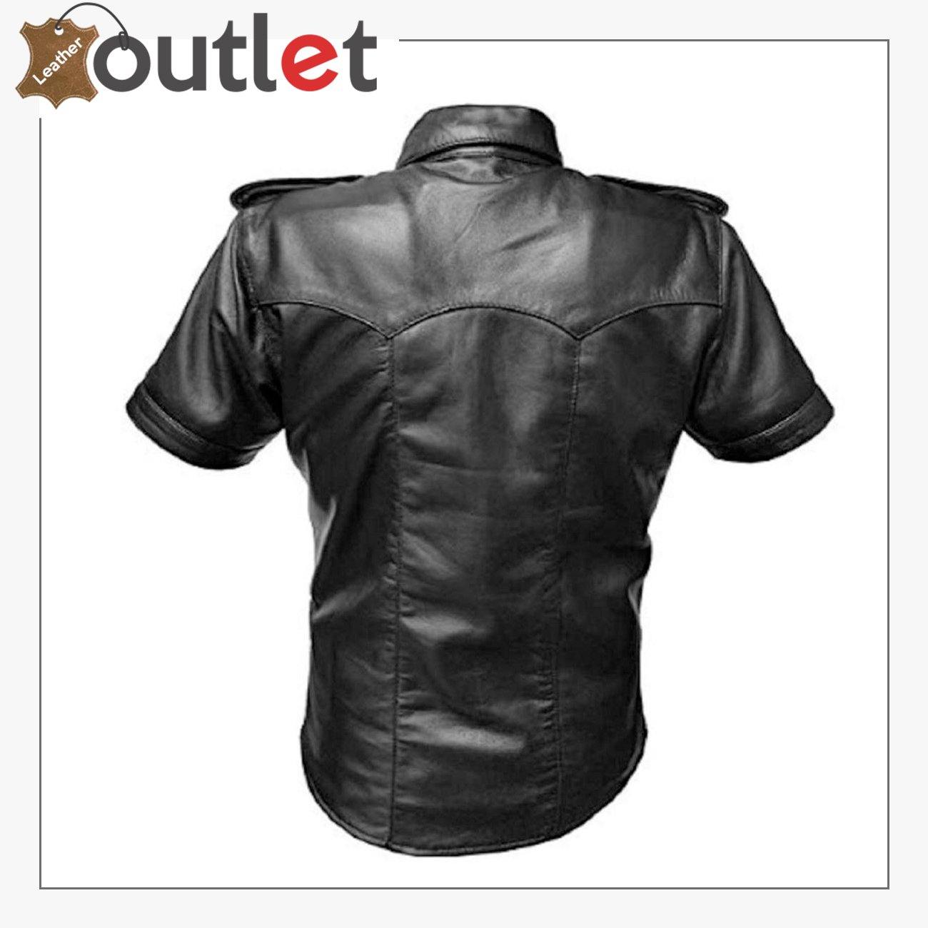 Police Style Mens Leather Shirt Half Sleeve Shirt - Leather Outlet