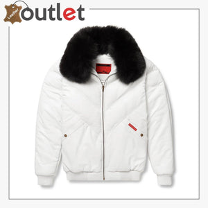 Real White V-Bomber Leather Jacket For Men