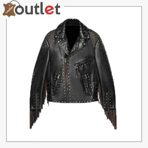 Studded Leather Biker Jacket with Fringe - Leather Outlet