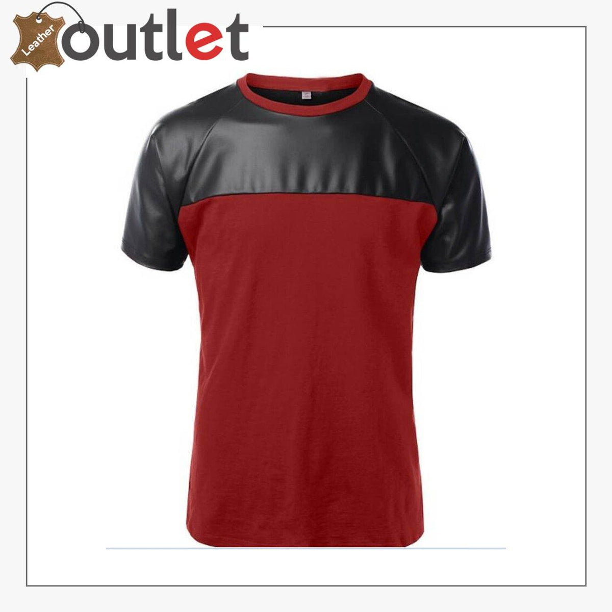 Men's red leather and cotton shirt with raglan sleeves, front view