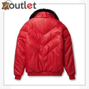 Red Real Qualilty Shearling Mens V Bomber Leather Jacket - Leather Outlet