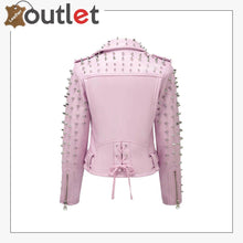 Load image into Gallery viewer, Soft Pink Studded Leather Biker Jacket - Leather Outlet

