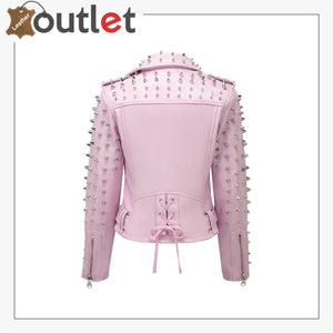 Soft Pink Studded Leather Biker Jacket - Leather Outlet