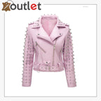 Soft Pink Studded Leather Biker Jacket - Leather Outlet