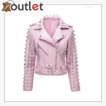 Load image into Gallery viewer, Soft Pink Studded Leather Biker Jacket - Leather Outlet
