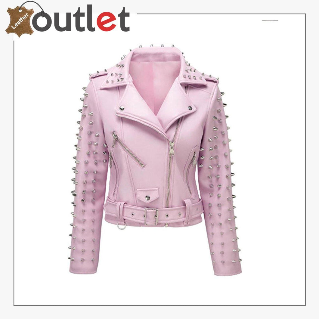 Soft Pink Studded Leather Biker Jacket - Leather Outlet