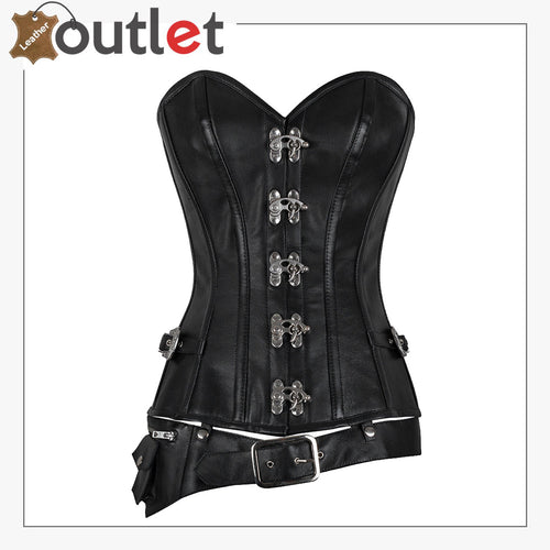 Steam Punk Full Steel Boned C Hook Over bust Bustier Gothic Black Leather Corset Leather Outlet