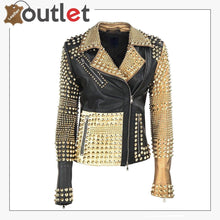 Load image into Gallery viewer, Stylish Golden Studded Black Brando Leather Jacket
