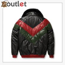 Load image into Gallery viewer, Three-Tone Red, Green And Black V-Bomber Leather Jacket
