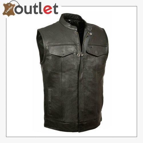 Premium black leather vest for men with two side pockets, front view