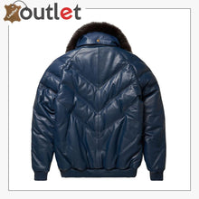 Load image into Gallery viewer, Top Rated Navy Leather V Bomber Jacket
