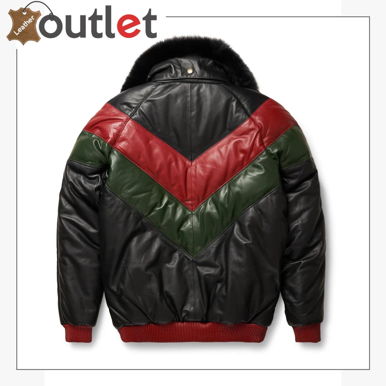 Two Tone Red and Green Latest Design Mens V Bomber Leather Jacket - Leather Outlet