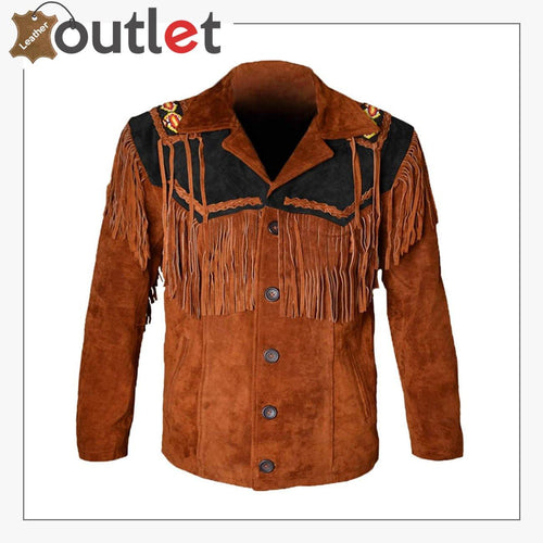 Western Cowboy Men's Brown Fringed Suede Leather Jacket - Leather Outlet