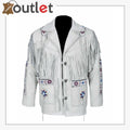 White Western Style Genuine Finished Cow Leather jacket - Leather Outlet