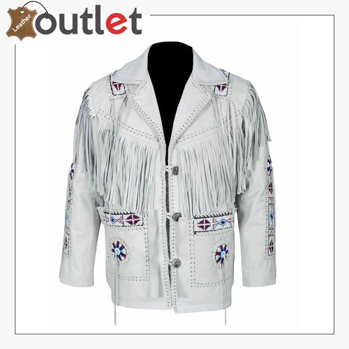 White Western Style Genuine Finished Cow Leather jacket - Leather Outlet