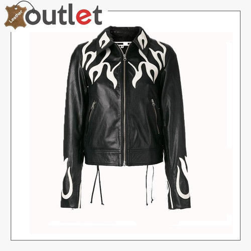 Women Fashion Printed Flame Effect Leather Jacket