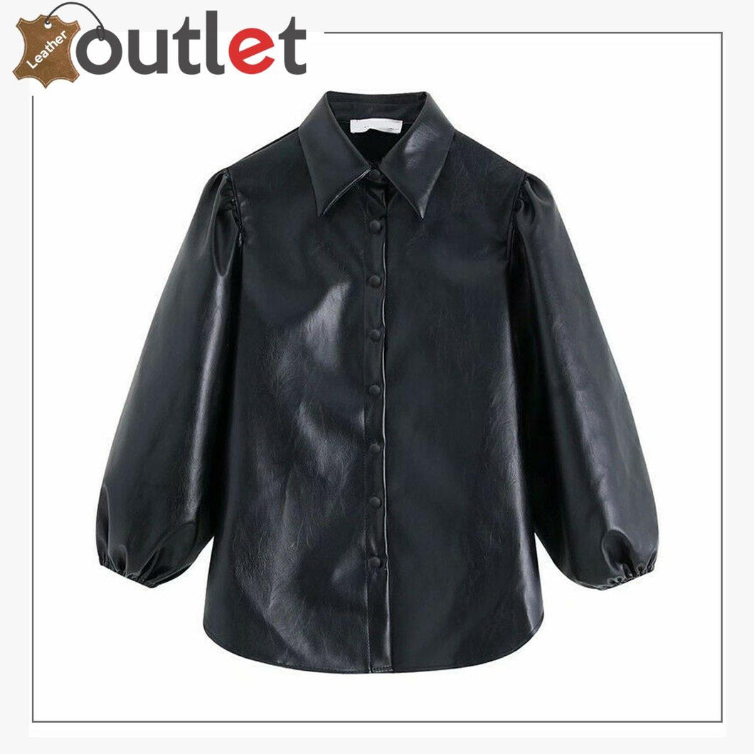 Women's Ladies Shirt Real Leather Bell Cuff Sleeve Shirt