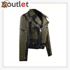 Womens Full Golden Studded Leather Jacket - Leather Outlet