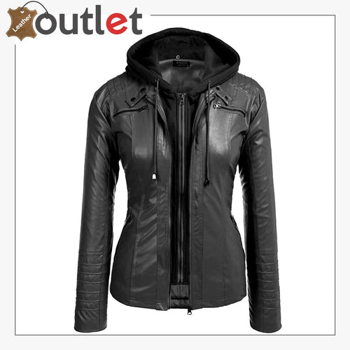 Womens Plus Size Faux Leather Moto Biker Zip Up Hoodie Jacket