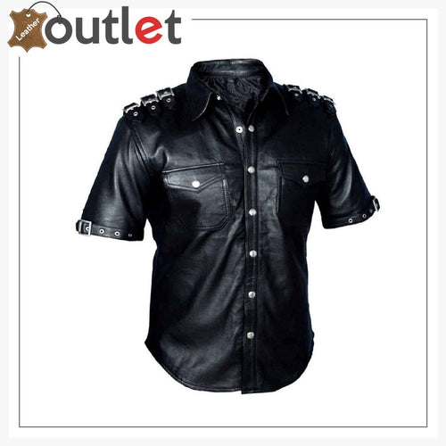 Womens Real Leather Black Police Shirt Handmade Leather Shirt - Leather Outlet