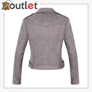 Womens Stylish Notched Collar Oblique Zip Leather Bomber Jacket