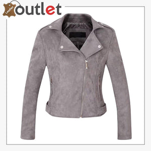 Womens Stylish Notched Collar Oblique Zip Leather Bomber Jacket