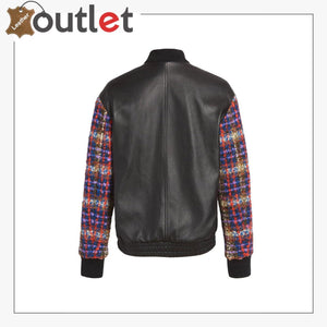 Wool Blend Tweed & Leather Bomber Jacket - Leather Outlet