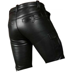 Double Front Zipper Real Sheepskin Black Leather Cargo Shorts For Men Leather Outlet