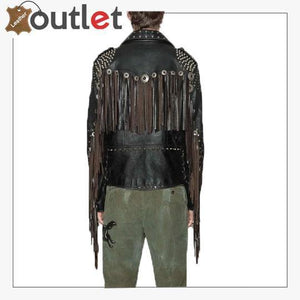 Studded Leather Biker Jacket with Fringe - Leather Outlet