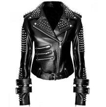 Load image into Gallery viewer, Handmade Women Black Punk Silver Spiked Studded Leather Biker Jacket - Leather Outlet
