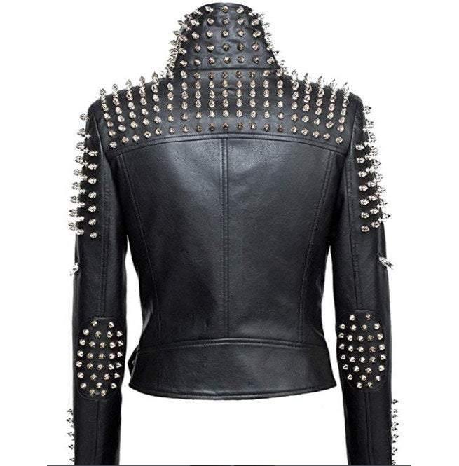 Handmade Women Black Punk Silver Spiked Studded Leather Biker Jacket - Leather Outlet