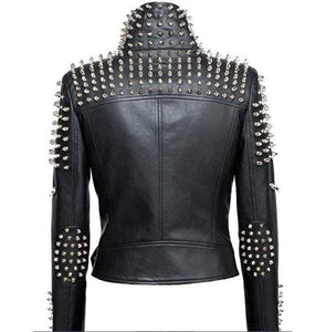 Handmade Women Black Punk Silver Spiked Studded Leather Biker Jacket - Leather Outlet